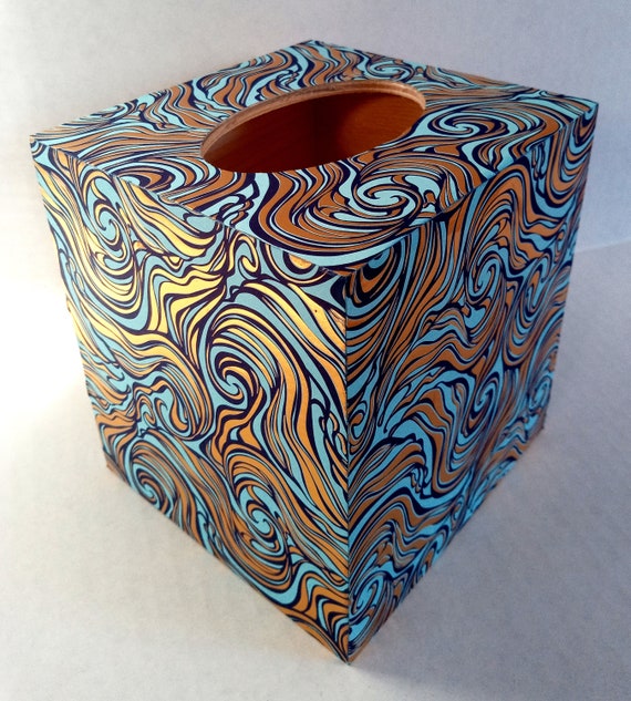 Beautiful Decoupage Wood Tissue Box Cover Light Blue and Gold Swirl Rossi Italy Letterpress Etsy UK
