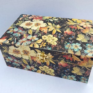 Beautiful Decoupage Wood Keepsake Box, Jewelry Box, Trinket Box With Latch Flowers on Black Floral Italian Paper Carta Fiorentina