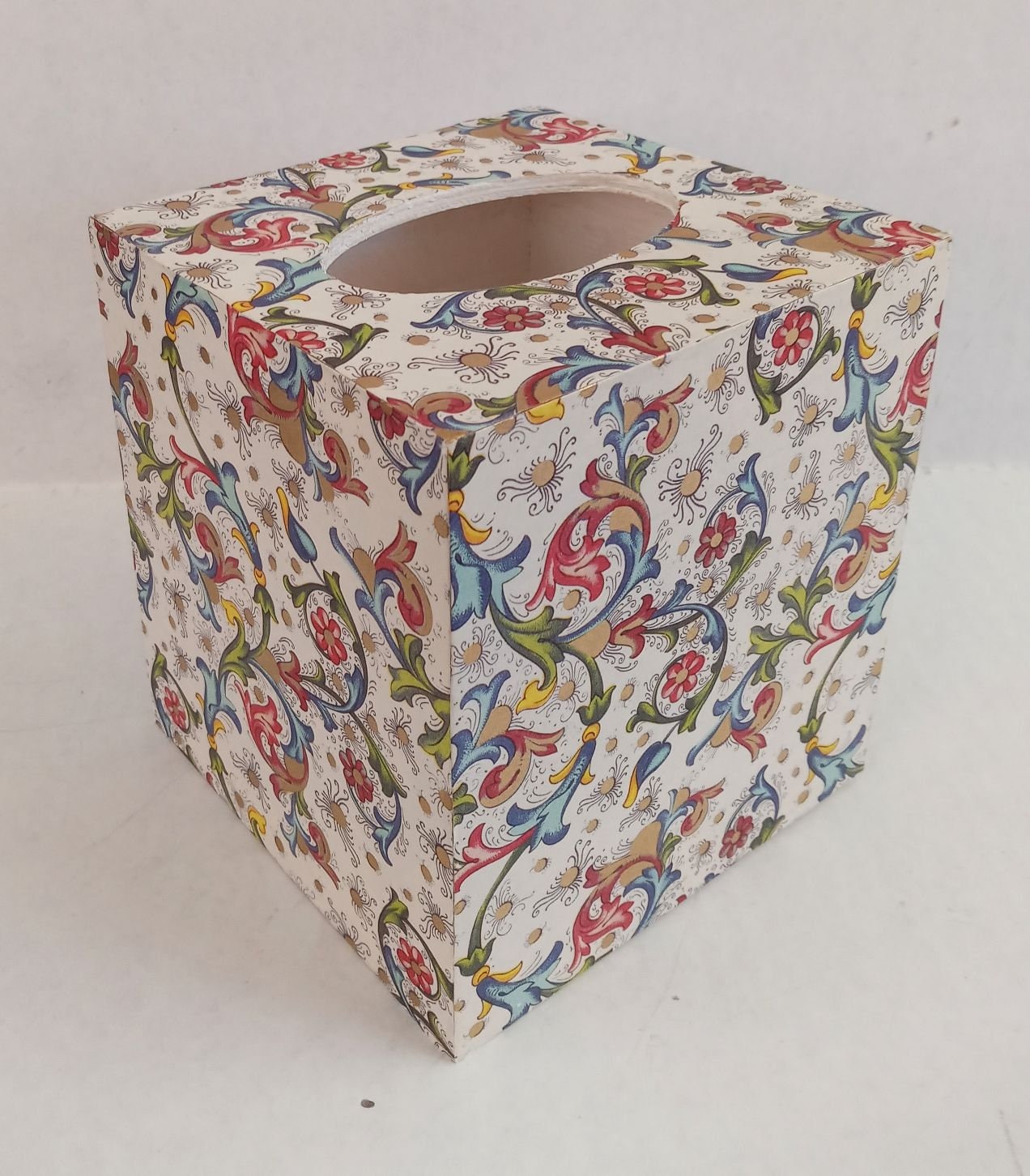 Prachtig decoupage omslag houten tissuedoos klassieke bloemenrol Florentijnse print Italiaans papier met gouden accenten