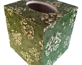 Prachtig decoupage houten tissuedoos hoes groene rozen bloemenprint Italiaans papier ~ Carta Varese Italy