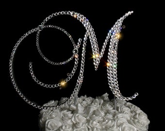 Handmade Clear Glass Crystals  6" High  Silver or Gold Base  Bling Rhinestones  Letter "M" Wedding Cake Topper