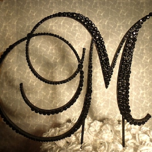 Handmade Glass Black Crystals 5" Tall Wooden Letter "M" Wedding Cake Topper  A B C D E F G H I J K L M N O P R S