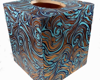 Decoupage Wooden Tissue Box Cover Italian Paper Blue and Gold Swirl by Rossi Italy