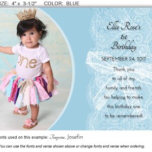 May include: A baby wearing a gold crown, white onesie with "one" in gold letters, and a colorful tutu. The image is a birthday announcement that reads "Ellie Rose's 1st Birthday" on a blue background. The size is 4" x 3.5".