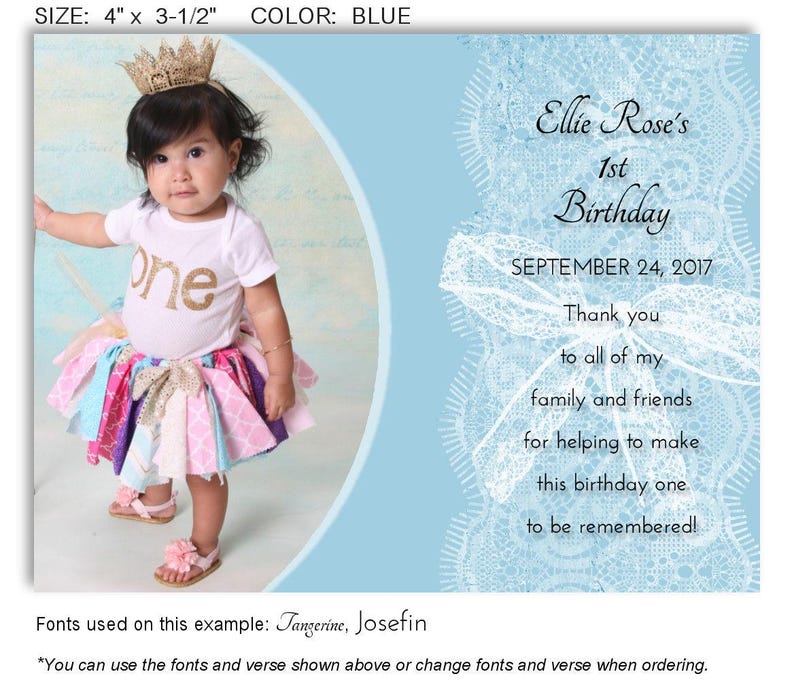 May include: A baby wearing a gold crown, white onesie with "one" in gold letters, and a colorful tutu. The image is a birthday announcement that reads "Ellie Rose's 1st Birthday" on a blue background. The size is 4" x 3.5".