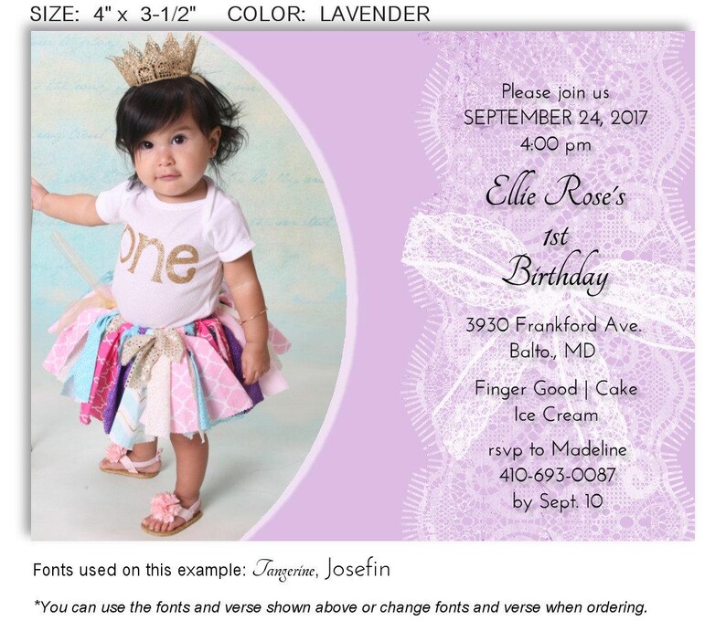 May include: A lavender-colored invitation for a first birthday party. The invitation includes the text "Ellie Rose's 1st Birthday" and event details. A young child wearing a gold crown and a colorful tutu is featured on the left.