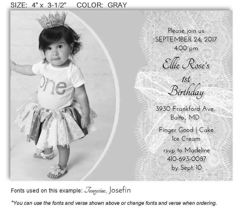 May include: A gray invitation card with a photo of a baby girl wearing a crown, a white shirt with the word "one", and a tutu. The card includes the text "Ellie Rose's 1st Birthday" and event details. The card measures 4" x 3.5".