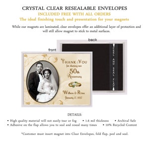 May include: Clear resealable envelopes with a black and white photo of a couple celebrating their 50th anniversary. The envelope has a peel and seal flap. Text on the envelope reads "Thank You for sharing our 50th Anniversary."