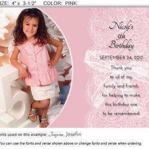 May include: Pink birthday invitation card, 4 x 3.5 inches, with a young girl and text. The card features the text "Nicole's 5th Birthday" and a thank you message. The card is pink with a white lace design.