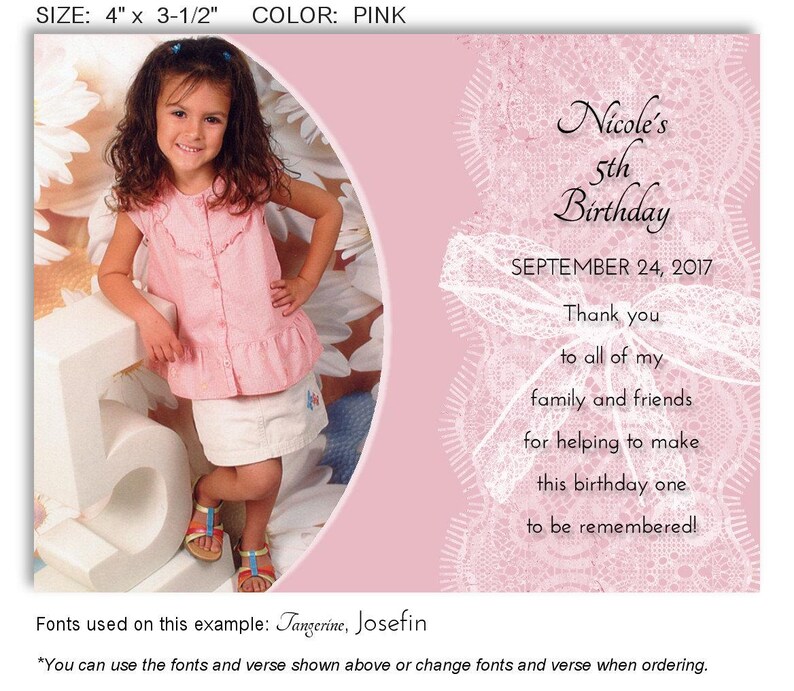 May include: Pink birthday invitation card, 4 x 3.5 inches, with a young girl and text. The card features the text "Nicole's 5th Birthday" and a thank you message. The card is pink with a white lace design.
