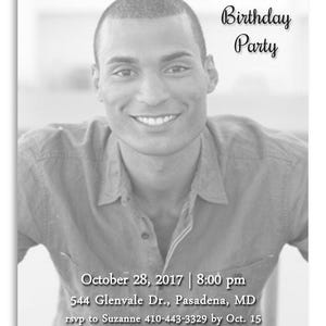 May include: A black and white invitation for Devon's 21st birthday party. The invitation includes the date, time, and location: October 28, 2017, at 8:00 pm, 544 Glenvale Dr., Pasadena, MD. The size is 4" x 3-1/2".