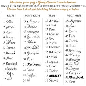May include: A chart displaying various font styles, categorized as Script, Fancy Script, Print, and Fancy Print. Each category features multiple font options, numbered for easy reference. The text at the top advises on font selection for names and short verses.