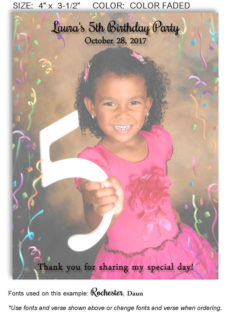 May include: A photograph of a young girl smiling, holding a large white number five. She wears a pink dress and is surrounded by colorful confetti. Text reads "Laura's 5th Birthday Party, October 28, 2017" and "Thank you for sharing my special day!"