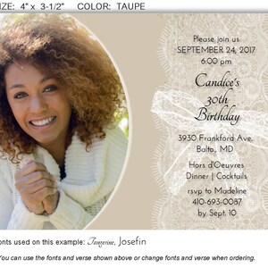 May include: Taupe-colored invitation card with a photo of a woman on the left. The right side features text: "Candice's 30th Birthday" with event details. The card measures 4" x 3.5".