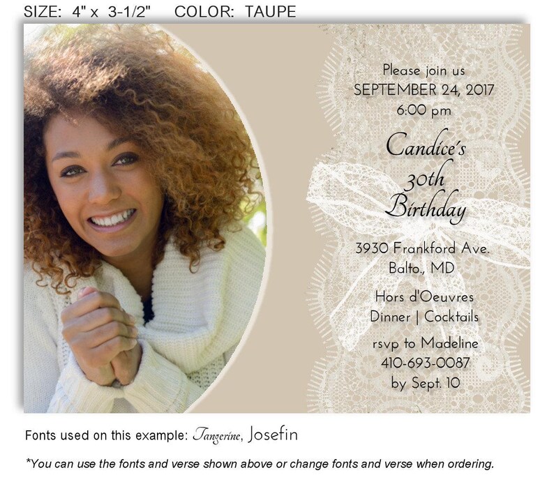 May include: Taupe-colored invitation card with a photo of a woman on the left. The right side features text: "Candice's 30th Birthday" with event details. The card measures 4" x 3.5".