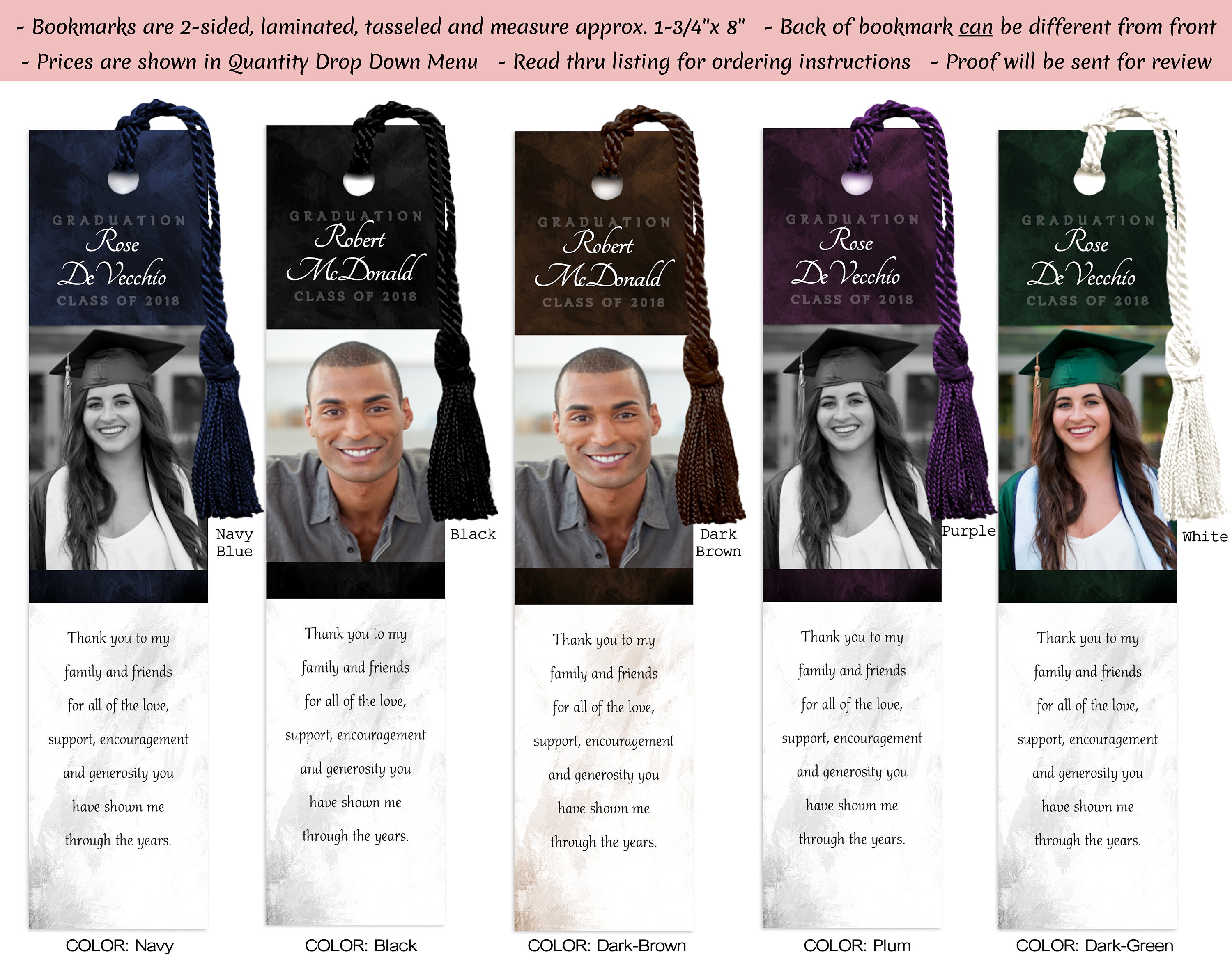 Personalized Laminated Custom Graduation Photo Bookmark (book marks), Party Favor, Graduate, Celebration, #GPB8