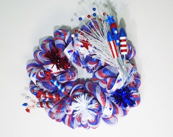 Patriotic Wreath 4th of July Deco Mesh Wreath Red White and Blue Wreath ...