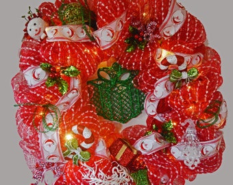 Christmas Wreath, Christmas Deco Mesh Wreath with Lights, Door Wreath, Holiday Wreath, Santa's Gift Delivery, Ready to Ship!