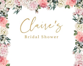 Custom Pink Floral Bridal Shower Backdrop, Floral Gold Banner, Custom Flower Backdrop,  Event Photo Booth