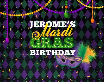 12 Favor Tags Mardi Gras Fat Tuesday Gold Party Packages Banners Green /& Purple Happy Birthday Cupcake Toppers Door Signs Available