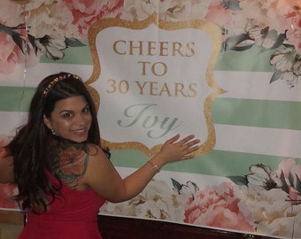 ON SALE Custom Birthday Backdrop Banner Green Stripes Peony Flower Background Event Photo Booth Prop (Multiple Sizes & Materials Available)