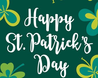 ON SALE Happy St. Patrick's Day Clover Pattern Green Backdrop Banner Printed Background Photo Booth Prop (Any Text color)