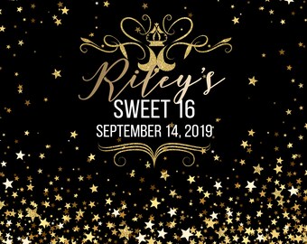 CUSTOM Black and Gold Star Backdrop, Sweet 16 Backdrop for Birthdays, Personalized Backdrop