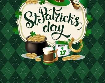 ON SALE Custom Saint Patrick's Checkered Pattern Green Backdrop Banner Printed Background Photo Booth Prop (Any Text color)