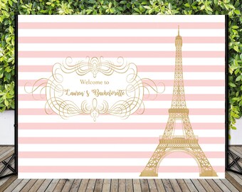 CUSTOM Eiffel Tower Bachelorette Backdrop Baby Pink Gold, Bridal Shower Paris Theme Backdrop Pink and white striped, Gold detail