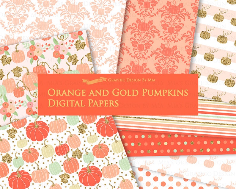 Orange and Gold Pumpkins, Pumpkin, Orange Pumpkin, Gold Pumpkin, Pumpkin Digital, Pumpkin Clip Art Digital Paper Set image 7