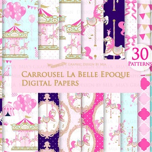 Carousel, Merry Go Round, Pink, Carousel Digital, Paris, Carrousel La Belle Epoque Digital Paper Pack - Instant Download - DP161
