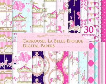 Carousel, Merry Go Round, Pink, Carousel Digital, Paris, Carrousel La Belle Epoque Digital Paper Pack - Instant Download - DP161
