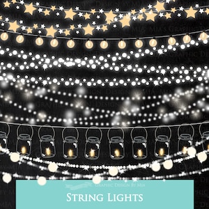 May include: A set of digital illustrations of string lights with various styles, including mason jar lights and star lights. The lights are white and glow on a black background. The text "GRAPHIC DESIGN BY MIA" and "STRING LIGHTS" are at the bottom of the image.
