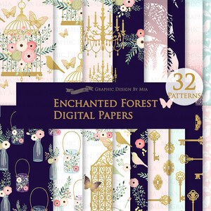 Pu&ograve; includere: Un set di 32 motivi di carta digitale con un tema incantato di foresta incantata. I motivi includono gabbie dorate, chiavi, motivi floreali e lampadari su uno sfondo blu navy e bianco.