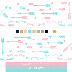 Pode incluir: Um conjunto de clipart digital com flechas, redemoinhos e folhas rosa e turquesa. O clipart é perfeito para adicionar um toque de estilo boho chic aos seus designs.