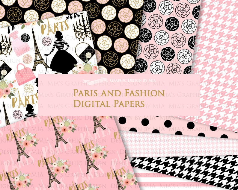 Paris, Paris Digital, Fashion Digital Paper, Eiffel Tower, Chandelier, Monogram Bag, Quilted Handbag, Fashion Themed Digital Paper DP105 image 3