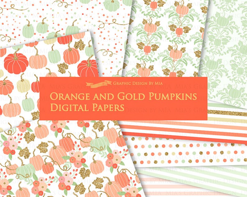 Orange and Gold Pumpkins, Pumpkin, Orange Pumpkin, Gold Pumpkin, Pumpkin Digital, Pumpkin Clip Art Digital Paper Set image 9