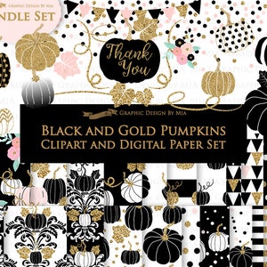 Black and Gold Pumpkins, Pumpkin, Black Pumpkin, Gold Pumpkin, Pumpkin Digital, Pumpkin Clip Art Digital Paper Set image 1