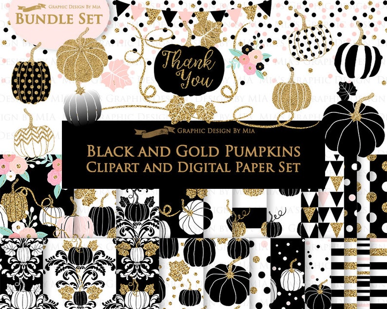 Black and Gold Pumpkins, Pumpkin, Black Pumpkin, Gold Pumpkin, Pumpkin Digital, Pumpkin Clip Art Digital Paper Set image 1