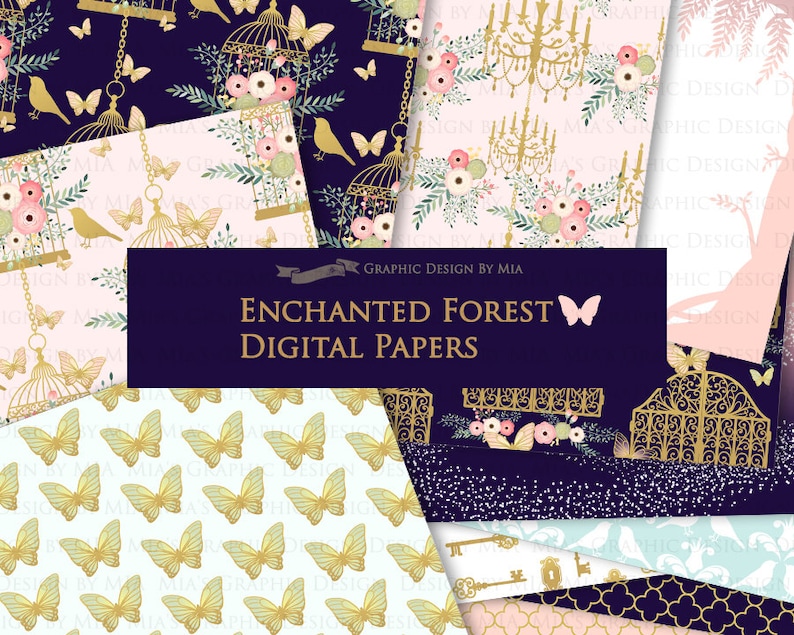 Pu&ograve; includere: Un set di 10 carte digitali con una variet&agrave; di motivi, tra cui farfalle, uccelli, gabbie, chiavi e disegni floreali. Le carte hanno un tema di foresta incantata e capricciosa con accenti dorati e una combinazione di colori rosa e blu. Il testo "GRAPHIC DESIGN BY MIA" e "ENCHANTED FOREST DIGITAL PAPERS" &egrave; incluso nell'immagine.