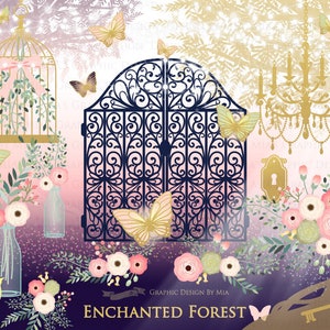 Pu&ograve; includere: Un'illustrazione fantasiosa di una foresta incantata con una gabbia dorata per uccelli, un cancello in ferro battuto, un lampadario, farfalle e composizioni floreali. Il testo "GRAPHIC DESIGN BY MIA" e "ENCHANTED FOREST" &egrave; visibile nell'immagine.