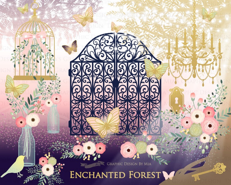 Pu&ograve; includere: Un'illustrazione fantasiosa di una foresta incantata con una gabbia dorata per uccelli, un cancello in ferro battuto, un lampadario, farfalle e composizioni floreali. Il testo "GRAPHIC DESIGN BY MIA" e "ENCHANTED FOREST" &egrave; visibile nell'immagine.