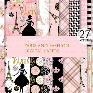 Paris, Paris Digital, Fashion Digital Paper, Eiffel Tower, Chandelier, Monogram Bag, Quilted Handbag, Fashion Themed Digital Paper DP105 image 1