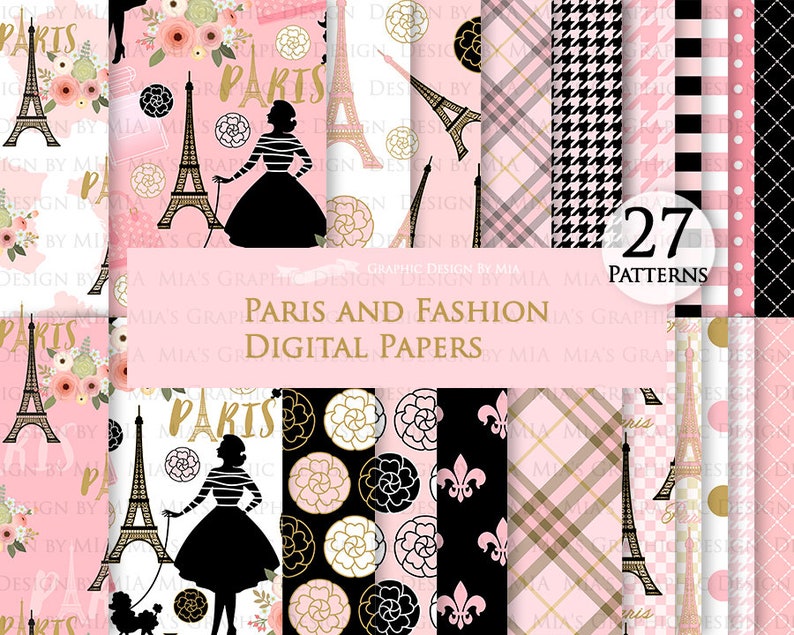 Paris, Paris Digital, Fashion Digital Paper, Eiffel Tower, Chandelier, Monogram Bag, Quilted Handbag, Fashion Themed Digital Paper DP105 image 1