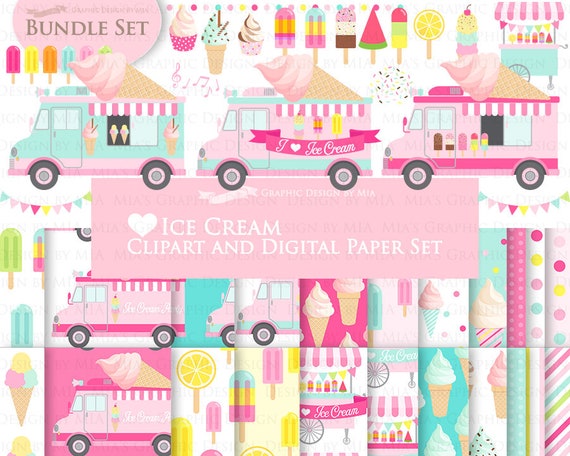 Love Ice Cream, Ice Cream Truck, Ice Cream Party, Popsicle, Ice Cream Cart, Ice Cream Cone Clip Art + Digital Paper Set - Instant Download Il_570xn
