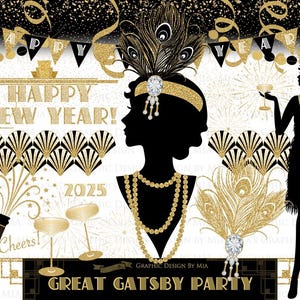 Great Gatsby, Happy New Year 2025, Gold Glitter, Flapper, 1920, Roaring 20s, Art Deco, Belle Époque Clip Art - Instant Download - CA185