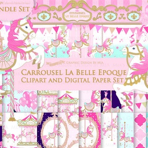 Carousel, Merry Go Round, Pink, Carousel Digital, Paris, Carrousel La Belle Epoque Clip Art + Digital Paper Set - Instant Download