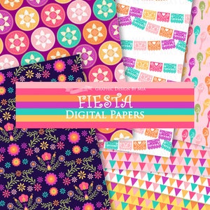 Puede incluir: Un conjunto de 10 papeles digitales con tem&aacute;tica de fiesta. Los papeles presentan patrones coloridos con flores, formas geom&eacute;tricas y decoraciones mexicanas tradicionales. El texto "Fiesta Digital Papers" est&aacute; incluido en la imagen.