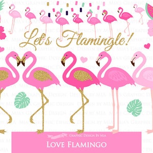 Flamingo, Love Flamingo, Pink, Glitter Gold, Pink Pineapple, Hawaiian Party, Tropical Clip Art - Instant Download - CA093