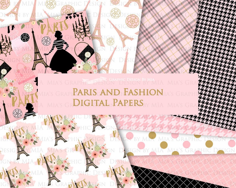 Paris, Fashion Digital Paper, Eiffel Tower, Monogram Bag, Quilted Handbag, Fashion Clip Art Digital Paper Set Instant Download image 7